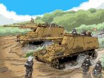  6+boys blue_sky bush cannon caterpillar_tracks combat_helmet day grass helmet highres hill military_vehicle motor_vehicle multiple_boys original radio_antenna sky soldier stahlhelm tank tiger_i turretless_tank vehicle_request yabarn 