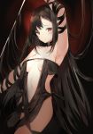  1girl absurdres arm_ribbon arm_up armpits bangs bare_shoulders black_dress black_hair black_ribbon blush breasts closed_mouth collarbone consort_yu_(fate) consort_yu_(fate/grand_order) dress eyebrows_visible_through_hair fate/grand_order fate_(series) hair_between_eyes head_tilt highres long_hair md5_mismatch medium_breasts navel no_bra nopan red_eyes revealing_clothes ribbon ribbon-trimmed_dress ribbon_trim silver_(chenwen) solo strapless strapless_dress very_long_hair 