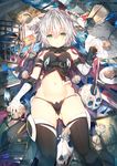  ass_visible_through_thighs bandaged_arm bandages bangs bird black_legwear black_panties breasts crow dagger eyebrows_visible_through_hair facial_scar fate/apocrypha fate/grand_order fate_(series) flower gloves green_eyes hair_between_eyes jack_the_ripper_(fate/apocrypha) knife lantern looking_at_viewer lowleg lowleg_panties lying on_back panties revision rose scar scar_across_eye scar_on_cheek short_hair shoulder_tattoo silver_hair single_glove skull small_breasts solo sune_(mugendai) tattoo thighhighs underwear weapon white_flower white_rose 
