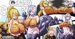 arachne arachnid areola arthropod big_breasts blonde_hair blue_eyes bodypaint bottomwear breasts bucket centaur centorea_shianus_(monster_musume) clothed clothing container dialogue equid equid_taur european_mythology eyelashes eyes_closed featureless_crotch greek_mythology hair heart_symbol hi_res holding_bucket holding_container holding_object humanoid_taur lewdamone mammal mammal_taur monster_girl_(genre) monster_musume multi_eye mythology navel nipples nude pupils purple_hair rachnera_arachnera_(monster_musume) red_eyes skirt smile speech_bubble taur text topless water