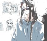  ... 2boys agata720 black_coat black_hair blue_sweater braid closed_eyes closed_mouth coat cold curtained_hair fate/grand_order fate_(series) grey_eyes hair_behind_ear hair_over_shoulder heterochromia hijikata_toshizou_(fate) hijikata_toshizou_(over_the_same_sky)_(fate) jewelry kondou_isami_(fate) kondou_isami_(over_the_same_sky)_(fate) long_hair looking_at_another low-braided_long_hair low-tied_long_hair male_focus multicolored_hair multiple_boys multiple_views necklace parted_hair popped_collar red_hair red_nose scarf scarf_over_mouth shoulder-to-shoulder side-by-side simple_background single_braid smile sneezing snow_on_head speech_bubble spoken_ellipsis streaked_hair sunglasses sweater white_background 