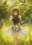  bangs black_shirt bouquet brown_eyes brown_hair commentary_request day eyebrows_visible_through_hair feet_out_of_frame flower grass holding lm7_(op-center) original outdoors shirt short_hair skirt smile solo standing white_skirt 
