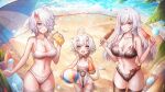  3girls :d absurdres ahoge ball bandage_over_one_eye bandaged_leg bandages bare_shoulders beach beach_umbrella beachball belt berenica_(duet_night_abyss) bikini black_bikini black_thighhighs bow bowtie breasts brown_belt brown_bow brown_bowtie brown_eyes chinese_commentary cleavage closed_mouth collarbone commentary_request cooler cowboy_shot cup disposable_cup drinking_straw duet_night_abyss food fruit hair_between_eyes highres holding holding_ball holding_beachball holding_cup holding_food holding_fruit holding_popsicle holding_watermelon horns large_breasts long_hair looking_at_viewer multiple_girls navel ocean one-piece_swimsuit open_mouth palm_leaf parted_lips phoxhunter_(duet_night_abyss) pointy_ears popsicle red_eyes short_hair sidelocks skin-covered_horns small_breasts smile snow_(duet_night_abyss) standing standing_on_one_leg stomach swimsuit tail the_girl_in_the_dream_(duet_night_abyss) thick_eyebrows thighhighs umbrella watermelon watermelon_slice wet white_bikini white_hair white_one-piece_swimsuit ziteng_yue 