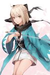  absurdres ahoge black_bow black_cola black_legwear black_ribbon black_scarf blonde_hair blush bow commentary_request fate/grand_order fate_(series) hair_bow hair_ribbon half_updo highres hilt holding holding_sword holding_weapon japanese_clothes katana kimono leaning_forward looking_at_viewer obi okita_souji_(fate) okita_souji_(fate)_(all) open_mouth outdoors pink_background ribbon sash scarf shinsengumi short_hair short_kimono simple_background sleeves_past_elbows snow solo standing sword thighhighs unsheathed weapon wide_sleeves yellow_eyes 