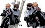  2boys ? aizen_sousuke armor black_kimono bleach brown_hair chest_strap eyepatch frown furrowed_brow hair_between_eyes highres japanese_clothes kimono kurosaki_ichigo looking_at_another male_focus multiple_boys multiple_views n_ep_tune2 orange_hair parted_lips sandals shared_speech_bubble short_hair shoulder_armor smile socks speech_bubble spiked_hair spoken_question_mark sweatdrop tabi white_background white_socks yaoi 