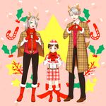  ;d animal_ears antlers black_hair blue_eyes boots brown_eyes candy candy_cane capelet child christmas coat dual_persona food gloves hat heart heart_hands highres hiro_(totoring) holly katsuki_yuuri male_focus multiple_boys necktie one_eye_closed open_mouth plaid ponytail red_gloves reindeer_antlers reindeer_ears santa_hat scarf shorts silver_hair smile star suspenders teenage viktor_nikiforov younger yuri!!!_on_ice 