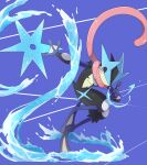  absurdres blue_background bright_pupils commentary_request doma_shin greninja highres leg_up mega_greninja outstretched_arm pink_eyes pokemon pokemon_(creature) pokemon_focus shuriken solo tongue_scarf water water_drop weapon white_pupils 