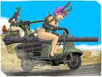  2girls blue_sky browning_m1919 canister gun highres jerry_can machine_gun manually-operated_mounted_gun military_vehicle motor_vehicle motorcycle multiple_girls on_motorcycle original road rocket_launcher short_hair sky weapon yabarn 