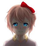  blue_eyes bow crying crying_with_eyes_open depressed doki_doki_literature_club hair_bow pink_hair sad sayori_(doki_doki_literature_club) short_hair solo tears 