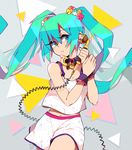  aqua_eyes aqua_hair breasts cable camisole cleavage commentary detached_collar hatsune_miku highres long_hair multicolored_scrunchie navel phone redial_(vocaloid) sami_briggs scrunchie shorts small_breasts solo very_long_hair vocaloid wrist_cuffs 