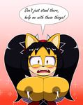  2017 big_breasts black_hair blush breast_rest breasts cat clothed clothing dr._chaos fangs feline female fur hair hi_res honey_the_cat lactating mammal nipples open_mouth orange_eyes simple_background solo sonic_(series) text worried yellow_fur 