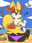  ball beach beach_ball bikini braixen clam clothing cloud eyewear female food meatboom nintendo pok&eacute;mon pok&eacute;mon_(species) popsicle seaside short_stack solo sunglasses swimsuit trash video_games water 