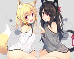  :d animal_ear_fluff animal_ears arm_support ass bangs barefoot bell black_collar black_hair blonde_hair blush breasts cat_ears cat_tail chiri_(atlanta) closed_eyes commentary_request covered_nipples fang fox_ears fox_tail grey_background hair_ornament hair_ribbon heart heart-shaped_pupils heart_hands hexagon jingle_bell long_hair long_sleeves looking_at_viewer meina_(atlanta) multiple_girls naked_shirt off_shoulder open_mouth original red_ribbon ribbon shirt simple_background sitting small_breasts smile symbol-shaped_pupils tail tail_ribbon ten'inkou_korin wariza 