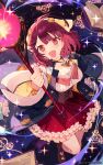  1girl :d arm_up atelier_(series) atelier_resleriana atelier_sophie blue_coat book breasts brown_eyes brown_shoes cleavage coat commentary_request copyright_notice detached_collar dress fang full_body grimoire hair_ornament headscarf highres holding holding_staff holding_weapon long_sleeves looking_at_viewer magic noco_(adamas) official_art open_mouth red_skirt shoes short_dress short_hair skirt small_breasts smile solo sophie_neuenmuller sparkle staff standing weapon wide_sleeves yellow_headscarf 