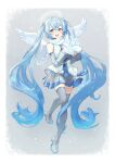  1girl aqua_eyes blue_scarf boots commentary commentary_request detached_sleeves full_body grey_hair grey_skirt hair_between_eyes hair_ornament happy hatsune_miku highres long_hair long_sleeves looking_at_viewer mittens official_alternate_costume open_mouth pleated_skirt scarf shirt skirt sleeveless sleeveless_shirt smile snowflake_print snowflakes symbol-only_commentary thick_thighs thigh_boots thighs twintails uminokaisen very_long_hair vocaloid white_mittens white_scarf white_shirt yuki_miku yuki_miku_(2011) zettai_ryouiki 