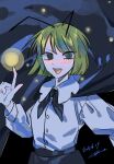  1girl antennae black_cape blush cape collared_shirt commentary_request dated fireflies floating_cape green_eyes green_hair highres index_finger_raised kz_m_i long_sleeves looking_at_viewer open_mouth shirt short_hair signature solo touhou upper_body white_shirt wriggle_nightbug 