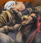 aggressive alternate_costume alternate_universe alternative_fashion angry anthro arm_armor armor bared_teeth bat breastplate candy canid canine canis cheek_tuft clothed clothing crossover death_(puss_in_boots) dessert dreamworks duo elden_ring eyewear facial_markings facial_tuft fan_character fangs food fromsoftware full_moon fur fuzzy glasses glowing glowing_eyes grey_body grey_fur growling hair half-closed_eyes head_markings hi_res howdypeepos leg_armor lollipop lollipop_in_mouth looking_at_viewer male mammal markings mask_(marking) melee_weapon moon narrowed_eyes neck_tuft outside plant ponytail pose procyonid puss_in_boots_(franchise) raccoon red_eyes red_sky serious serious_face showing_teeth signature sitting size_difference sky smile smirk snarling sword teeth tree tuft weapon wearing_glasses wolf