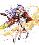  bangs breasts camilla_(fire_emblem_if) cleavage confetti fire_emblem fire_emblem_heroes fire_emblem_if flower full_body hair_flower hair_ornament hair_over_one_eye highres holding japanese_clothes kimono large_breasts long_hair looking_away mikurou_(nayuta) nail_polish obi off_shoulder official_art open_mouth petals purple_eyes purple_hair sandals sash smile solo tabi transparent_background 