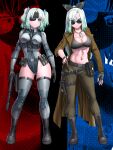  1girl adapted_costume arm_at_side arms_at_sides ass_visible_through_thighs bandana belt belt_pouch black_boots black_border black_gloves blue_background blue_eyes bodysuit boots border bow breasts brown_coat brown_pants cleavage closed_mouth coat collarbone collared_bodysuit combat_boots commentary contrapposto cosplay crop_top curvy dog_tags dual_persona english_commentary eyepatch fingerless_gloves fingernails full_body gloves gradient_hair green_bodysuit green_hair green_leotard green_tank_top green_thighhighs grey_bodysuit grey_leotard groin gun hair_bow hair_ornament hand_on_own_hip handgun headband highres holding holding_gun holding_weapon indie_virtual_youtuber jewelry lace-up_boots legs leotard linea_alba liquid_snake liquid_snake_(cosplay) long_coat long_hair long_legs long_sleeves looking_at_viewer medium_breasts medium_hair metal_gear_(series) metal_gear_solid mint_fantome mint_fantome_(minto_2.0) multicolored_bodysuit multicolored_hair multicolored_leotard navel necklace open_clothes open_coat pants parted_bangs polar_opposites pouch red_background skin_tight sneaking_suit solid_snake solid_snake_(cosplay) split_screen split_theme standing stomach straight-on substance20 sunglasses suppressor swept_bangs symmetrical_pose symmetry tank_top thigh_belt thigh_pouch thigh_strap thighhighs thighs two-tone_bodysuit two-tone_leotard two_side_up virtual_youtuber weapon white_hair x_hair_ornament zoom_layer 