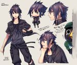  black_hair black_jacket blue_eyes boots bottle capri_pants chibi crying final_fantasy final_fantasy_xv highres jacket kenny_crow male_focus noctis_lucis_caelum pants purple_hair sidelocks spiked_hair translation_request zero-go 