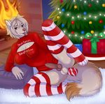  anal anal_masturbation anal_penetration animal_genitalia animal_penis anthro breasts canine canine_penis christmas clothed clothing corbin dickgirl dildo english_text erection gift hair holidays inside intersex keyhole_turtleneck kitsunewaffles-chan knot legwear mammal masturbation penetration penis sex_toy short_hair solo stockings sweater text 