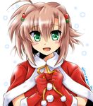 ahoge brown_hair cape dated dress eyebrows_visible_through_hair gloves green_eyes hair_tubes highres looking_at_viewer lyrical_nanoha miura_rinaldi open_mouth red_cape red_dress red_gloves san-pon santa_costume short_hair smile solo twitter_username upper_body vivid_strike! 
