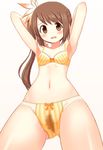  1girl armpits bangs blush bra breasts brown_hair denkaisui from_below hair_ornament highres long_hair magia_record:_mahou_shoujo_madoka_magica_gaiden mahou_shoujo_madoka_magica midriff navel open_mouth orange_eyes pussy_juice ribbon side_ponytail small_breasts stain underwear underwear_only wet yui_tsuruno 