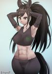  :o abs animal_ears armpits arms_behind_head arms_up bangs bare_shoulders black_gloves black_pants black_shirt breasts brown_eyes brown_hair brown_thoroughbred_(kemono_friends) collarbone cowboy_shot crop_top dangorou_(yushi-art) dark_skin elbow_gloves eyebrows eyelashes gloves gradient gradient_background groin high_ponytail horse_ears horse_girl horse_tail impossible_clothes impossible_shirt japan_racing_association kemono_friends legs_together logo long_hair medium_breasts multicolored multicolored_background muscle muscular_female navel nose o-ring open_mouth pants shirt sidelocks solo standing stomach swept_bangs tail tight tight_pants tsurime twitter_username yoga_pants 