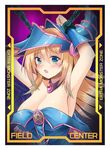  armpits arms_up bare_shoulders blonde_hair blue_eyes blue_leotard blush_stickers breasts chain choker cleavage commentary_request dark_magician_girl duel_monster hat highres large_breasts leotard open_mouth pentacle solo suzuta_yume wizard_hat yuu-gi-ou yuu-gi-ou_duel_monsters 