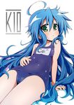  ahoge bangs blue_hair blush breasts cameltoe collarbone commentary_request covered_navel cowboy_shot eyebrows_visible_through_hair green_eyes hair_between_eyes hand_on_own_stomach highres izumi_konata long_hair looking_at_viewer lucky_star mole mole_under_eye name_tag old_school_swimsuit one-piece_swimsuit parted_lips school_swimsuit shadow sidelocks sitting small_breasts solo swimsuit thighs triangle_mouth tyke very_long_hair white_background 