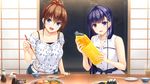  2girls aqua_eyes asami_asami blue_hair blush brown_hair drink fang food fujisaki_haruka game_cg hibiki_works long_hair natural_vacation purple_eyes sarashina_yuzuki shorts 