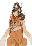  1girl :d :o animal_hug animal_on_head armor bent_over black_cat black_gloves blush brown_eyes brown_hair cait_sith_(final_fantasy) cat cat_on_head closed_eyes commentary crown elbow_gloves final_fantasy final_fantasy_vii forehead_protector gloves green_sweater headband highres hug hug_from_behind leaning_forward light_blush looking_ahead mini_crown on_head one_eye_closed open_mouth pauldrons raised_eyebrows red_xiii scar scar_across_eye scar_on_face short_hair short_shorts shorts shoulder_armor simple_background single_bare_shoulder single_pauldron sleeveless sleeveless_sweater smile solo sparkle spread_legs sweater swept_bangs teeth upper_teeth_only very_short_hair white_background white_cat white_shorts wide-eyed wnupani 