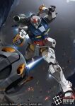  artist_request ball battle chain copyright_notice earth_federation green_visor gundam gundam_card_game gundam_gquuuuuux light_type_guncannon logo machinery mecha mecha_focus mobile_suit realistic robot scene_reference science_fiction shoulder_cannon space sunrise_(company) thrusters zero_gravity 