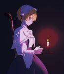  artist_name black_dress black_hair blonde_hair candle capelet commentary cowboy_shot dress fate/grand_order fate_(series) feng_cheng_(kanon91426) frilled_hairband frills from_side gareth_(celebratory_attire)_(fate) gareth_(fate) green_eyes hair_flaps hairband highres holding holding_candle holding_lead_pipe lead_pipe long_sleeves looking_at_viewer multicolored_hair smile symbol-only_commentary two-tone_hair white_capelet white_hairband 