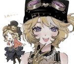  2girls :d black_hat blonde_hair claws dual_persona goggles goggles_on_headwear hat identity_v jewelry kanichan000 multiple_girls necklace official_alternate_costume one_side_up pearl_necklace purple-tinted_eyewear purple_eyes short_twintails smile straight-on tinted_eyewear tracy_reznik tracy_reznik_(lock_core) tracy_reznik_(lockheart) twintails white_streaks 