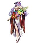  bangs breasts camilla_(fire_emblem_if) cleavage fire_emblem fire_emblem_heroes fire_emblem_if flower full_body hair_flower hair_ornament hair_over_one_eye highres holding japanese_clothes large_breasts long_hair looking_at_viewer mikurou_(nayuta) nail_polish official_art purple_eyes purple_hair sandals side_slit smile solo standing tabi transparent_background wide_sleeves 