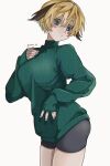  artist_name bike_shorts blonde_hair breasts brown_hair closed_mouth fate/grand_order fate_(series) gareth_(fate) green_eyes green_sweater highres joxter_03 long_sleeves looking_down medium_breasts multicolored_hair short_hair simple_background sleeves_past_wrists sweater turtleneck turtleneck_sweater two-tone_hair white_background 
