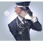  akita_toushirou blue_eyes commentary_request gloves hat long_sleeves looking_at_viewer male_focus military military_uniform necktie older pink_hair simple_background solo touken_ranbu tuke_omio uniform 