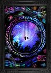  absurdres bow cat commentary_request dark fireworks forest frame from_behind highres japanese_clothes kimono long_hair mitoxxasxx nature night original revision sky star_(sky) starry_sky swing 