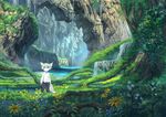  animal_ears arms_at_sides black_pants canyon cliff day fantasy flower furry grass green_eyes grey_hair ivy long_sleeves looking_at_viewer moss nature original outdoors pants pippi_(pixiv_1922055) river roots scenery shirt solo standing tail water waterfall white_shirt 