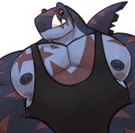 2022 anthro big_chest black_clothing black_sclera black_shirt black_topwear brown_markings clothing digital_media_(artwork) fish gangs grey_body hi_res male marine markings muscular muscular_anthro muscular_arms muscular_male nelson_(same22shark) orange_eyes pecs same22shark shark shirt simple_background smile solo tank_top topwear undersized_clothing white_background