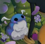  1girl arthropod_girl black_eyes black_skin blush bug chocobokko colored_skin flower highres hollow_knight hollow_knight:_silksong looking_at_another shakra_(hollow_knight) sitting standing 