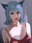  animal_ears bangs blue_hair breasts cat_ears choker closed_mouth commentary eyeliner eyeshadow highres lips looking_at_viewer makeup md5_mismatch medium_breasts nose original qianyu_mo red_lips red_shirt shirt short_hair silver_choker solo tank_top upper_body 