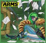  arms_(game) boots border commentary_request dr._coyle green_border green_eyes green_hair high_heels highres ishikawa_masaaki lipstick logo looking_at_viewer makeup mask official_art purple_lipstick sitting solo 
