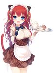  :d amamine animal_ears apron bangs blue_eyes blue_neckwear blush bow bowtie breasts brown_shirt brown_skirt cat_ears cat_girl cat_tail commentary_request cowboy_shot creamer_(vessel) cup eyebrows_visible_through_hair fang frilled_apron frills hair_between_eyes hair_ribbon high-waist_skirt holding holding_tray juliet_sleeves large_breasts long_hair long_sleeves looking_at_viewer maid_headdress open_mouth original plaid plaid_skirt pleated_skirt puffy_sleeves red_hair ribbon saucer shirt simple_background skirt smile solo sugar_cube tail teacup teapot tray two_side_up uniform very_long_hair waist_apron waitress white_apron white_background yellow_ribbon 
