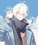  1boy alternate_costume antenna_hair black_scarf blue_coat coat crossed_bangs facing_viewer grey_hair grin hair_between_eyes hand_up highres holding holding_snowball honkai:_star_rail honkai_(series) horionline light_blush male_focus outdoors parted_bangs phainon_(honkai:_star_rail) scarf short_hair smile snow snowball solo teeth upper_body winter_clothes 