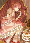  alternate_costume ankle_socks antique_telephone bad_id bad_pixiv_id cake chaise_longue dress food frilled_dress frills gloves hairband indoors keiko_(mitakarawa) komeiji_satori layered_dress looking_at_viewer lying macaron on_side petticoat pink_dress pink_eyes pink_hair puffy_short_sleeves puffy_sleeves reclining short_sleeves slippers solo talking_on_phone third_eye touhou tray white_gloves 