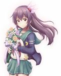  blush flower kantai_collection kisaragi_(kantai_collection) long_hair personification purple_hair seifuku smile violet_eyes 