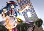  apron blue_hair clere grin hat hinanawi_tenshi keystone long_hair looking_at_viewer neck_ribbon red_eyes ribbon skirt smile solo spell_card sword sword_of_hisou touhou weapon 