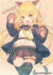  animal_ears black_legwear blonde_hair cat_ears cat_paws cat_tail character_name fang kantai_collection long_hair low_twintails navel panties pantyshot pantyshot_(standing) paws remodel_(kantai_collection) satsuki_(kantai_collection) solo standing suzuho_hotaru tail thigh_strap thighhighs twintails twitter_username underwear white_panties yellow_eyes 